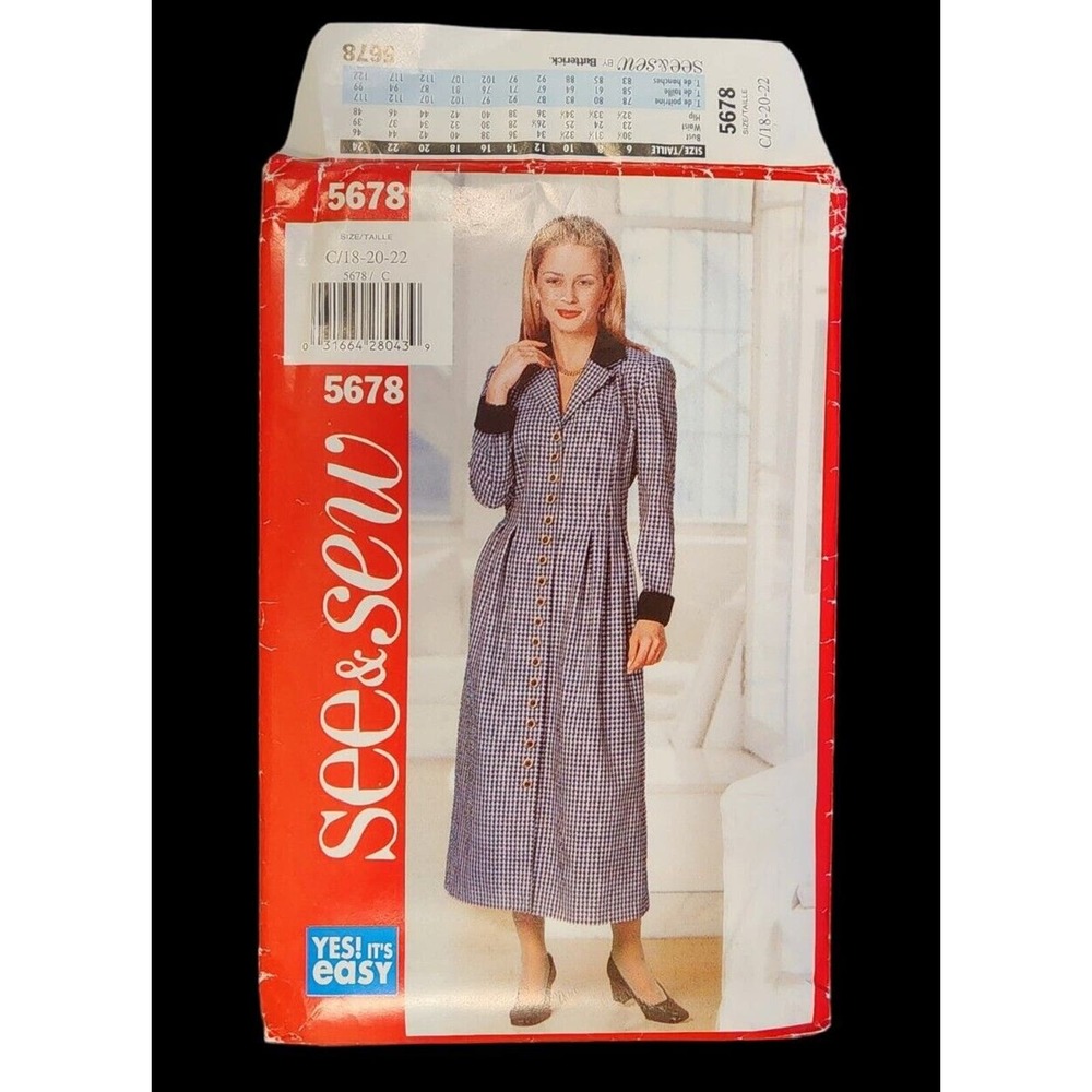 Vintage Butterick Sewing Pattern 5678 Womens Dress Sizes 18 20 22 Uncut 1998 NOS